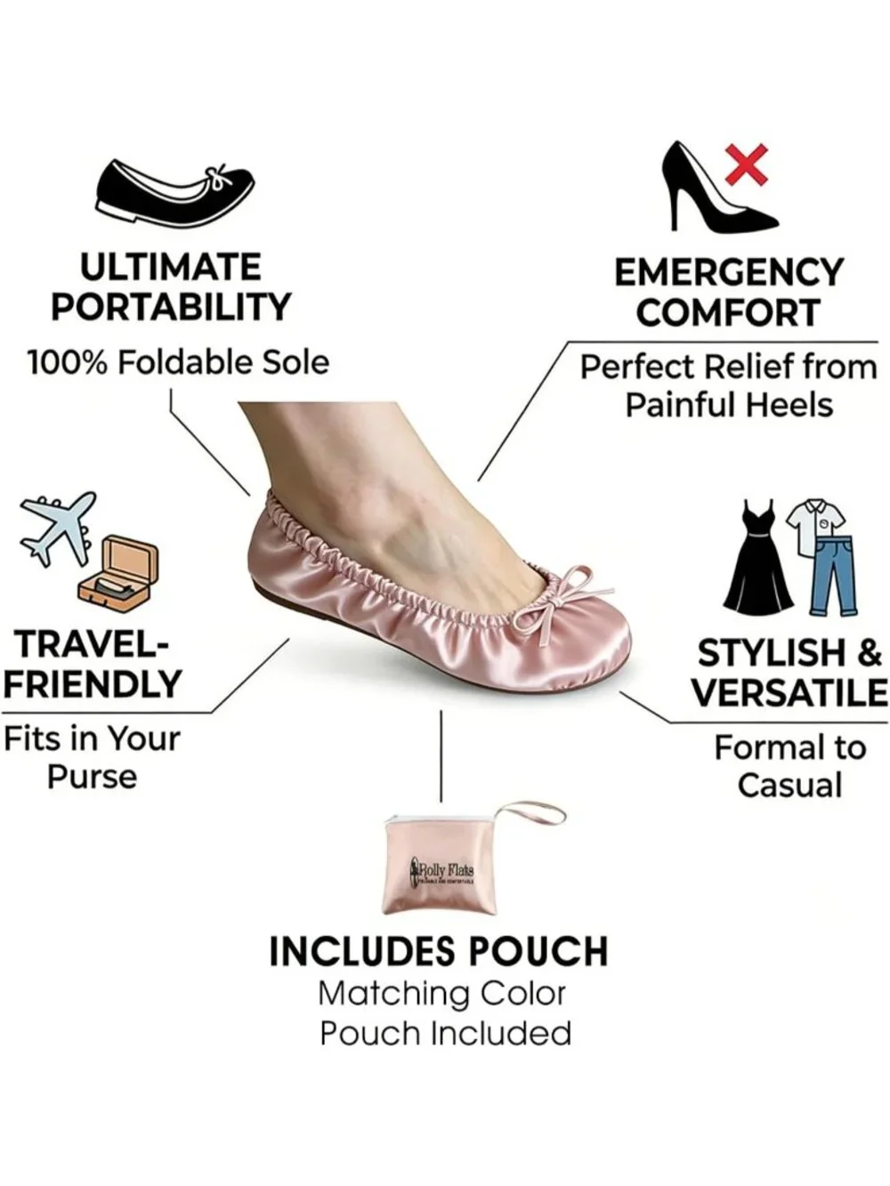 Women's Rose Gold Fit in Your Purse Round Toe Casual Foldable Ballet Flat Shoes